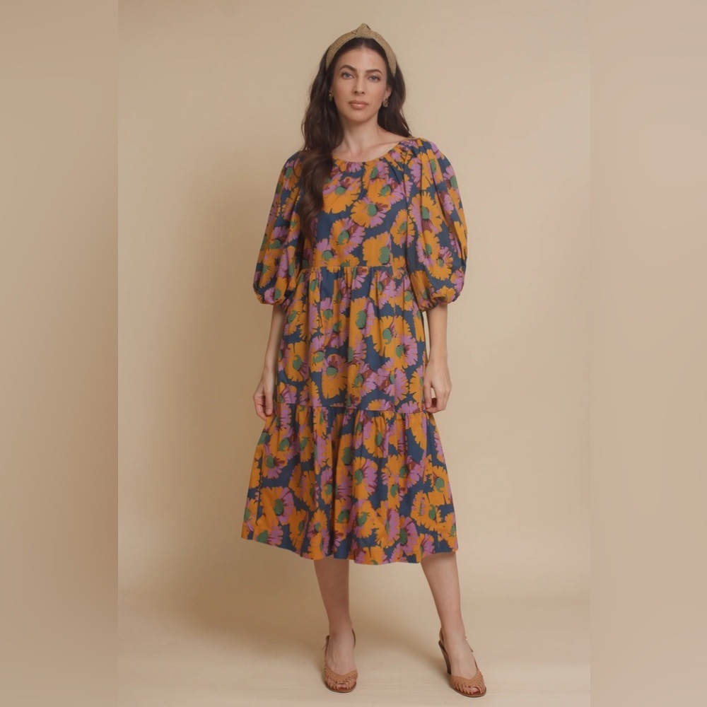 Moodie Vibrant‎ Floral Print Boho Peasant Puff Sleeve Midi Myah Dress Size Small
